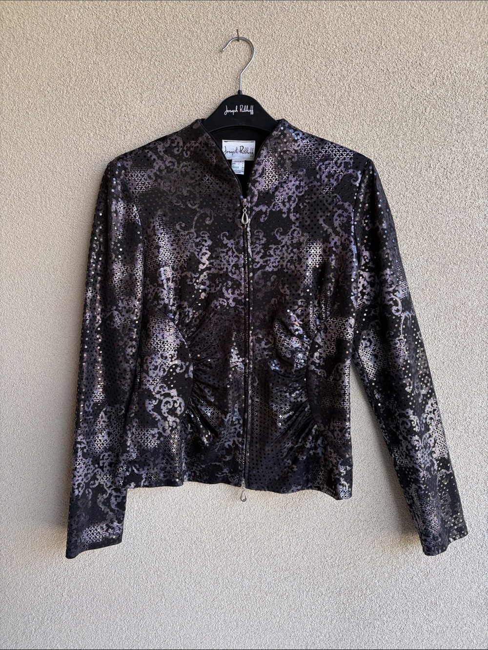 Joseph Ribkoff Black Metallic Pattern Zip-Front Jacket